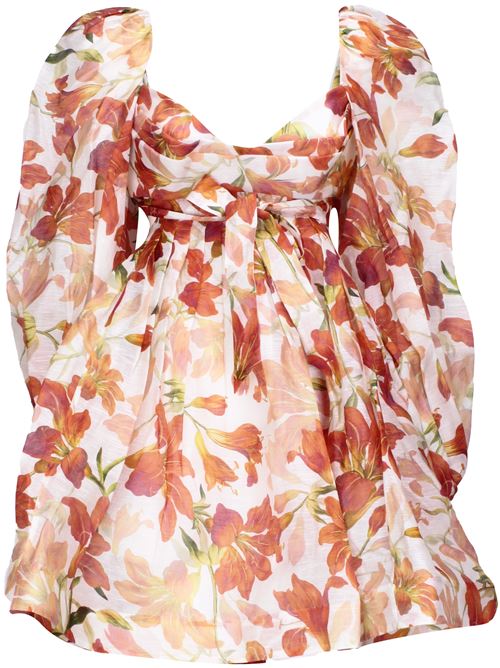 peach orange/cream white linen-silk blend all-over floral print sweetheart neck long puff sleeves Zimmermann | 1696DS243RED LILY